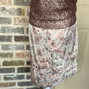 Hilton Hollis Foiled Silk Asymmetrical Skirt Pink Splatter Pleated Accents Sz L
